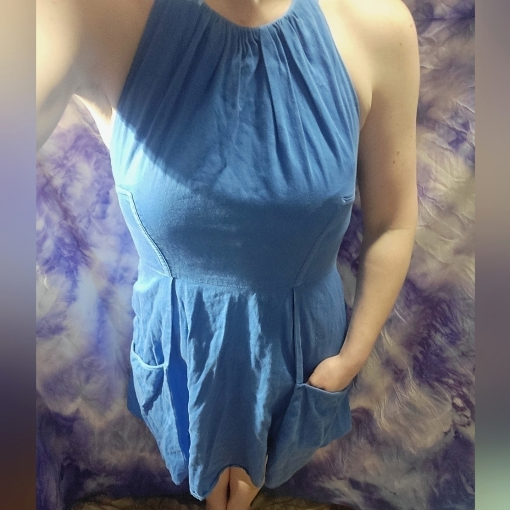 Jessica Simpson Blue Halter Pleated Neckline Deep Front Pockets A-line Dress 6